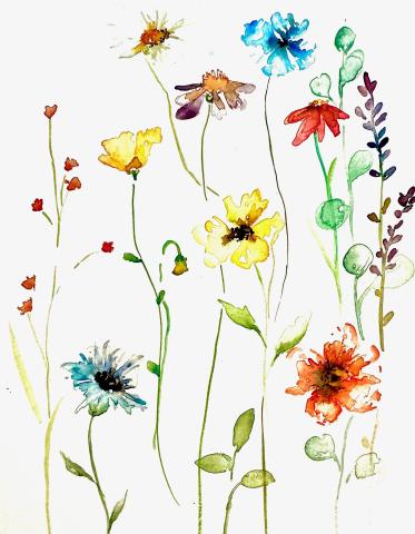 a watercolor painting of colorful flowers on a white background