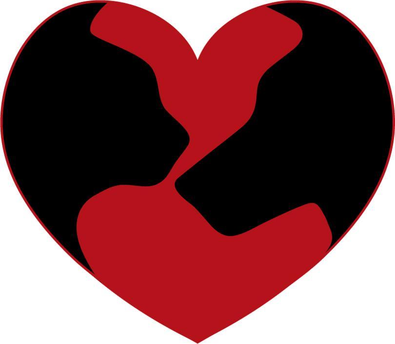 Black silhouettes of a cat and dog facing each other inside of a red heart